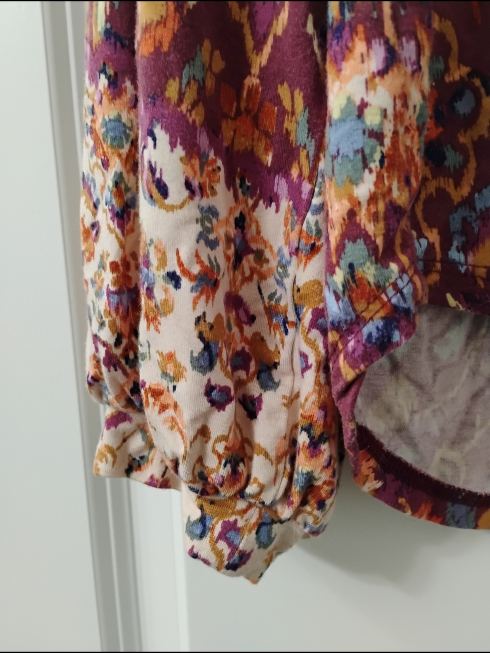 Democracy Burgundy Floral Placement Print Ruffle Boho Peasant Blouse Top Size L - Picture 5 of 6